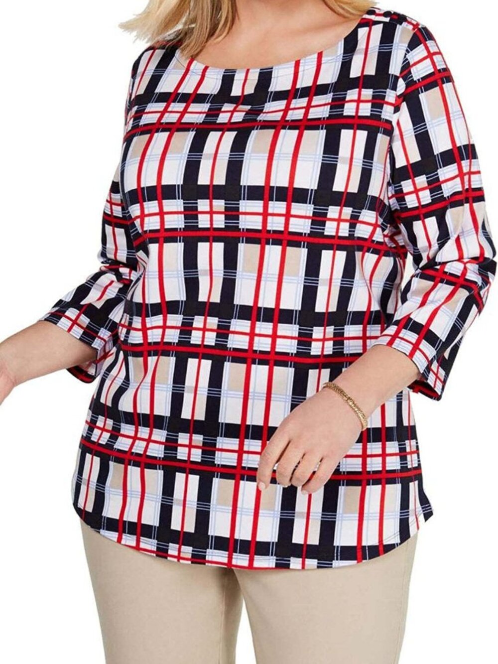 Charter Club Womens Plus Size Cotton Plaid Boat Neck Top